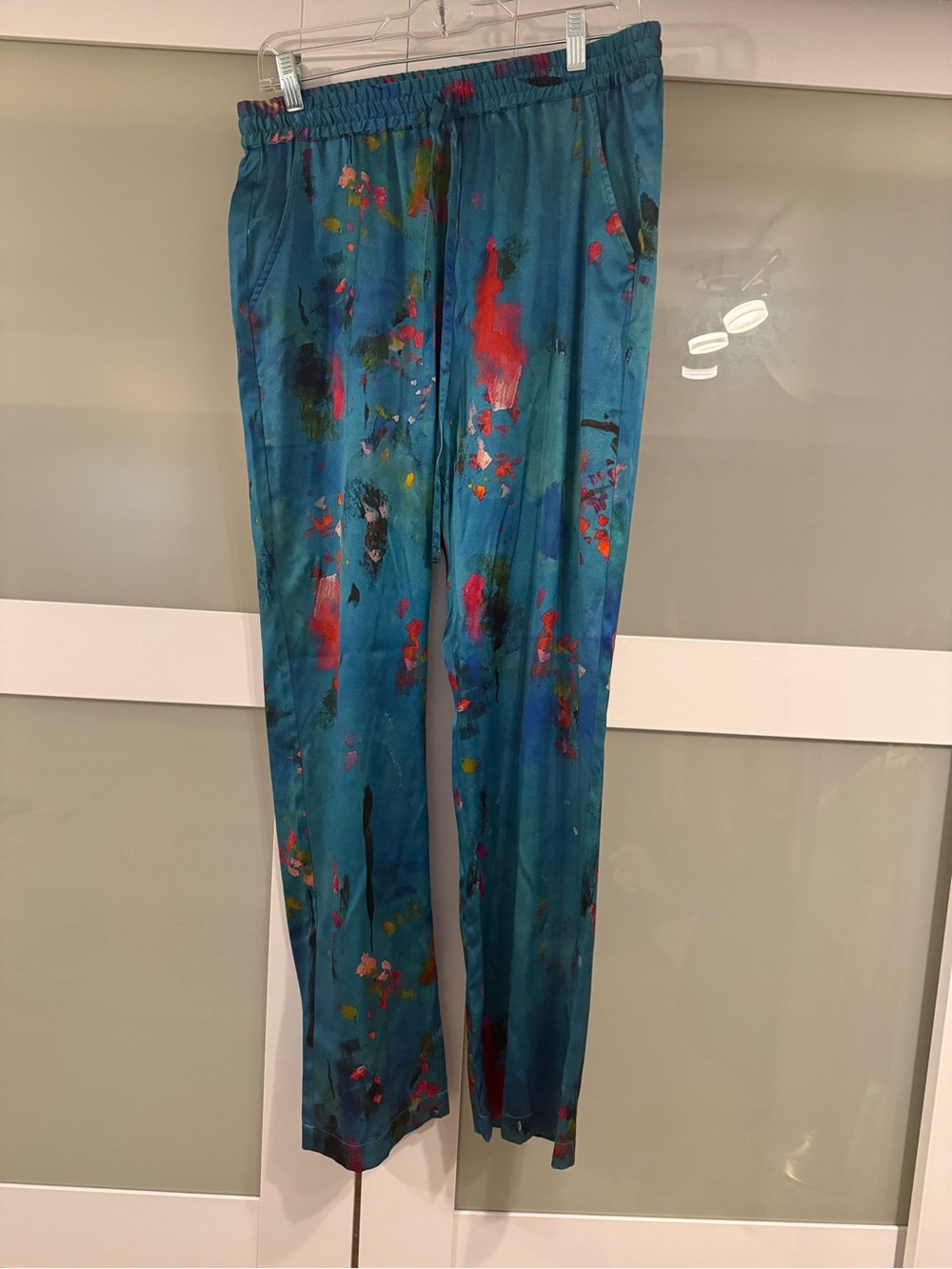 Johnny Was Teal Silk Blend Straight-Leg Pants with Multicolor Abstract Accents